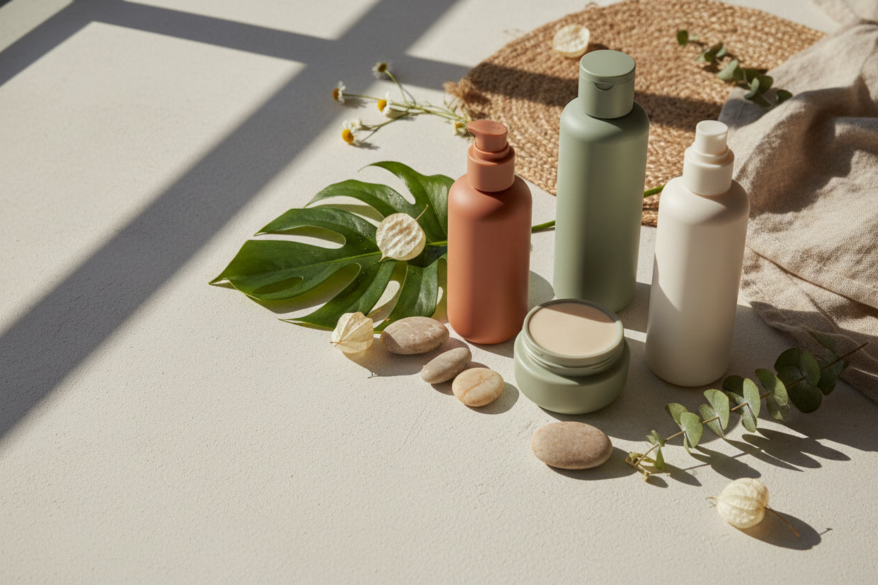 dame una imagen sin texto solo prodcutos naturales 100% de cuidado de piel que pegue con la estetica de la web 